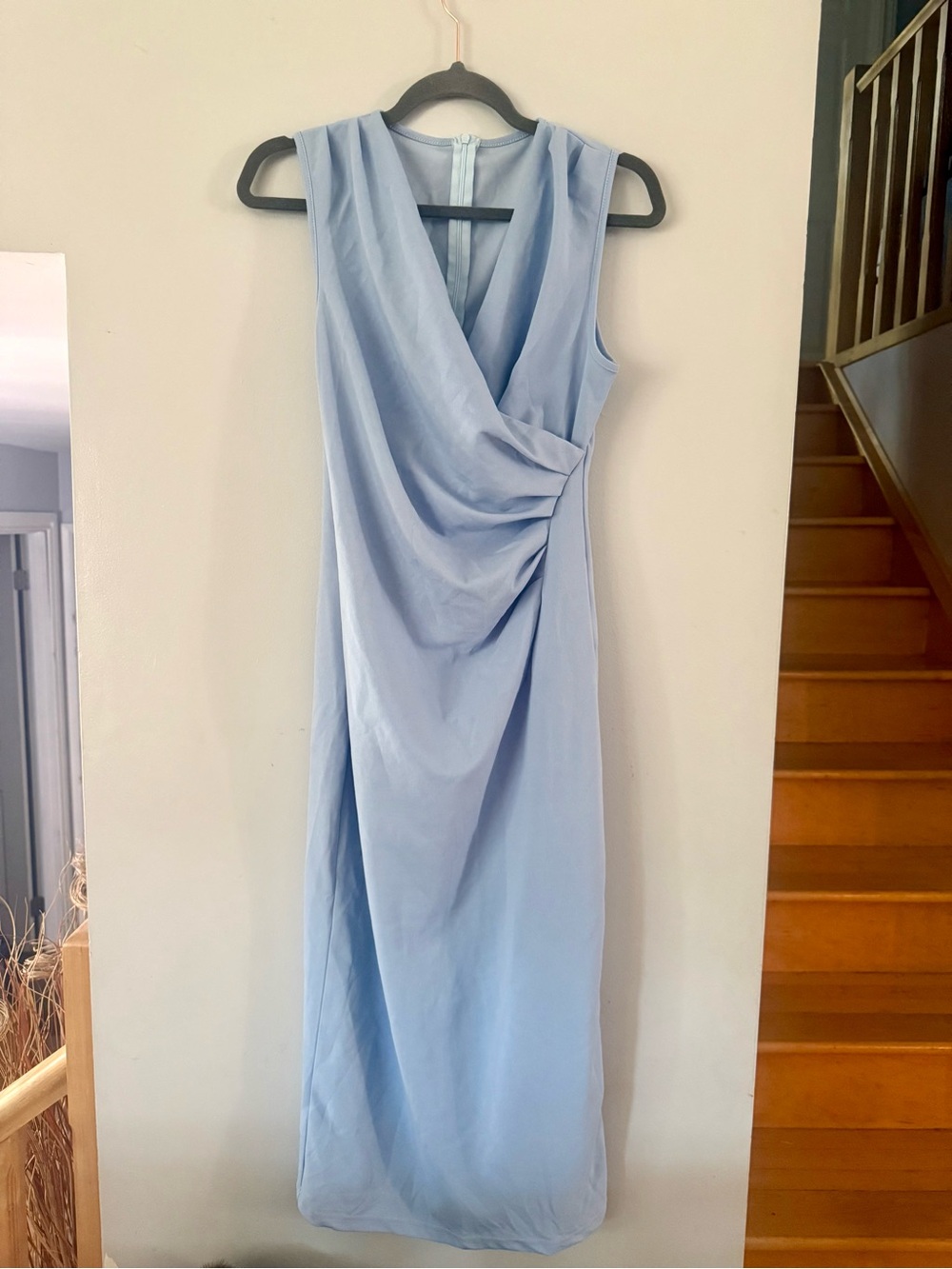 Gorglitter Light Blue Sleeveless Ruched Wrap Midi Dress Size Medium - Picture 1 of 4